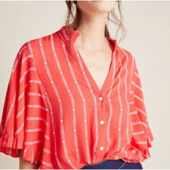 Anthropologie Maeve Aveiro Flutter Sleeve Button Down V Neck Blouse Size Large - Picture 3 of 12